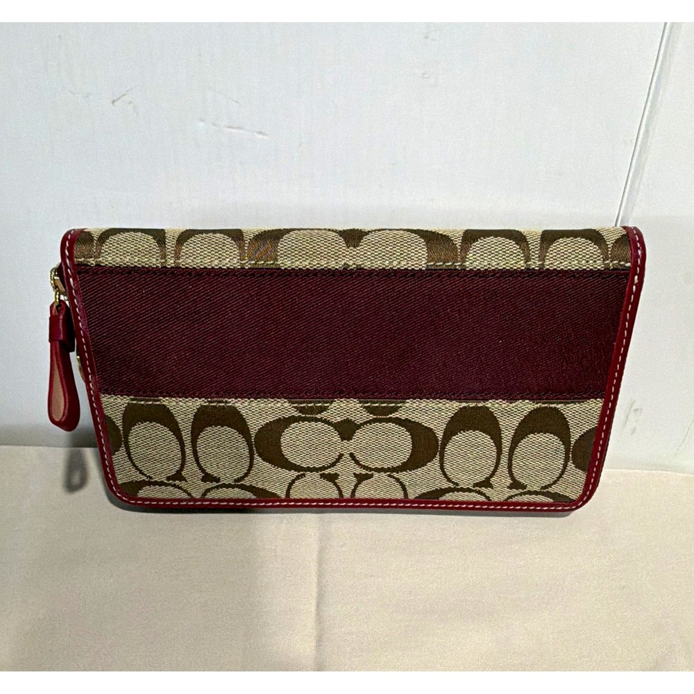 Coach Signature Canvas Heritage Stripe Zip Around Long Wallet Khaki Burgundy